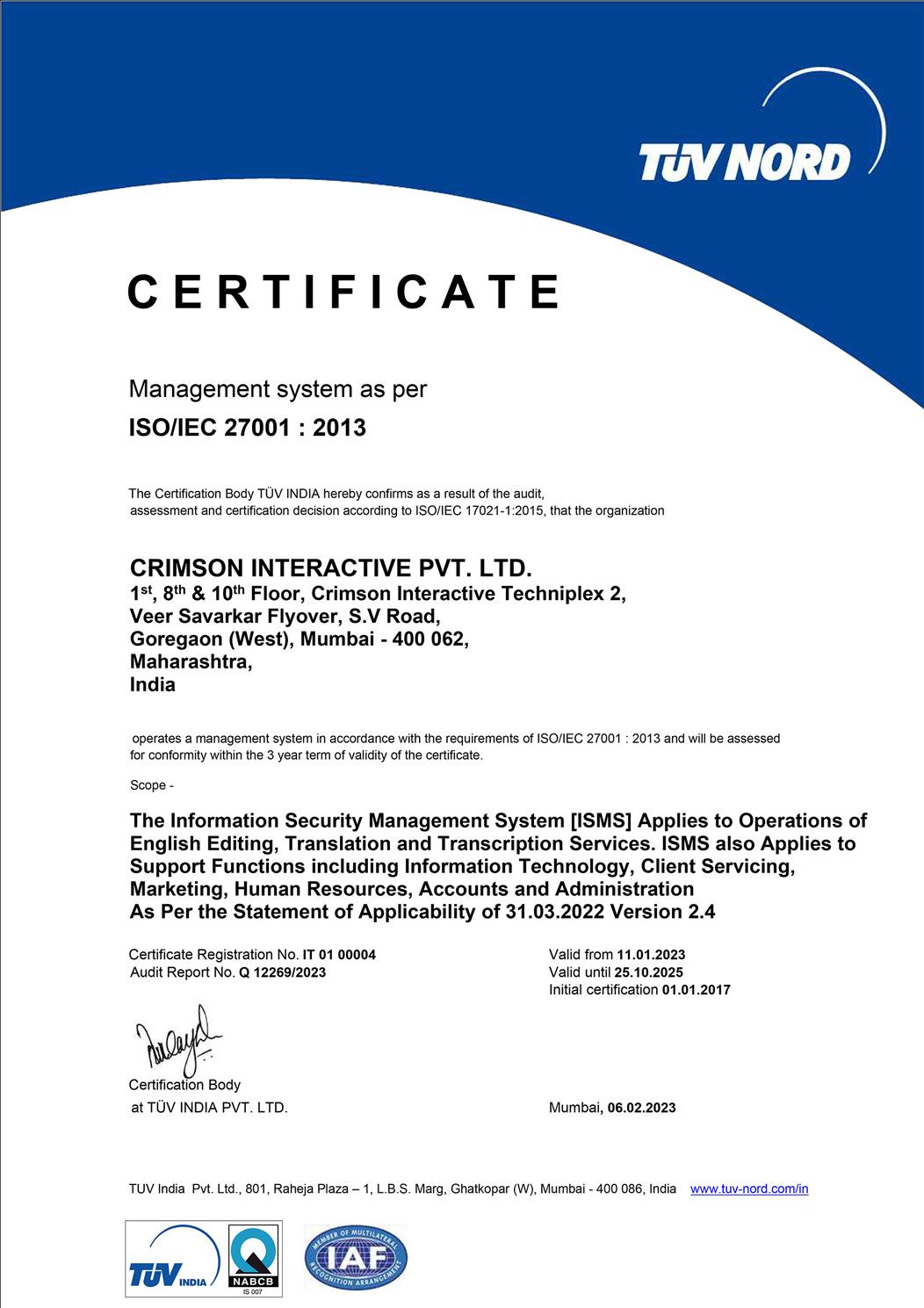 ISO isms certificate